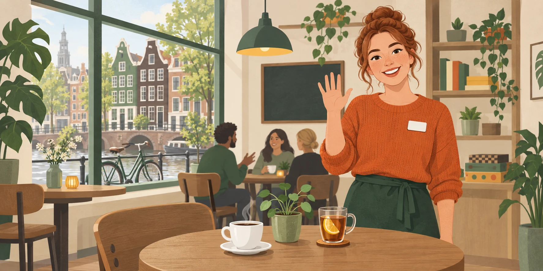 A sunny taalcafé with a big window onto Amsterdam canal houses and a bicycle. Noor, a volunteer in an orange sweater with a name badge, waves hello from beside a small table with a coffee and a glass of tea, while other guests chat in the background.